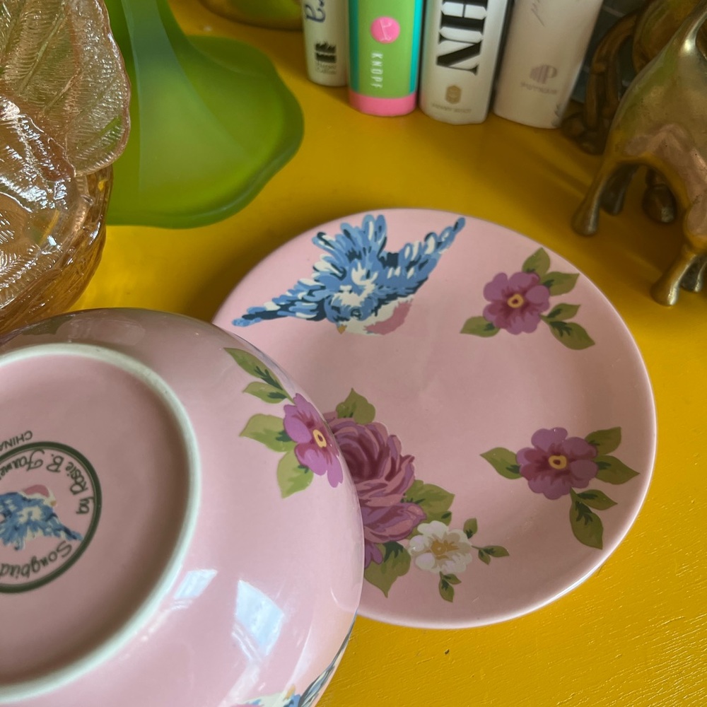 Songbird Garden by Rosie B. Farmer Bowl And Small Plate Sets Pink Blue Green - Picture 9 of 13